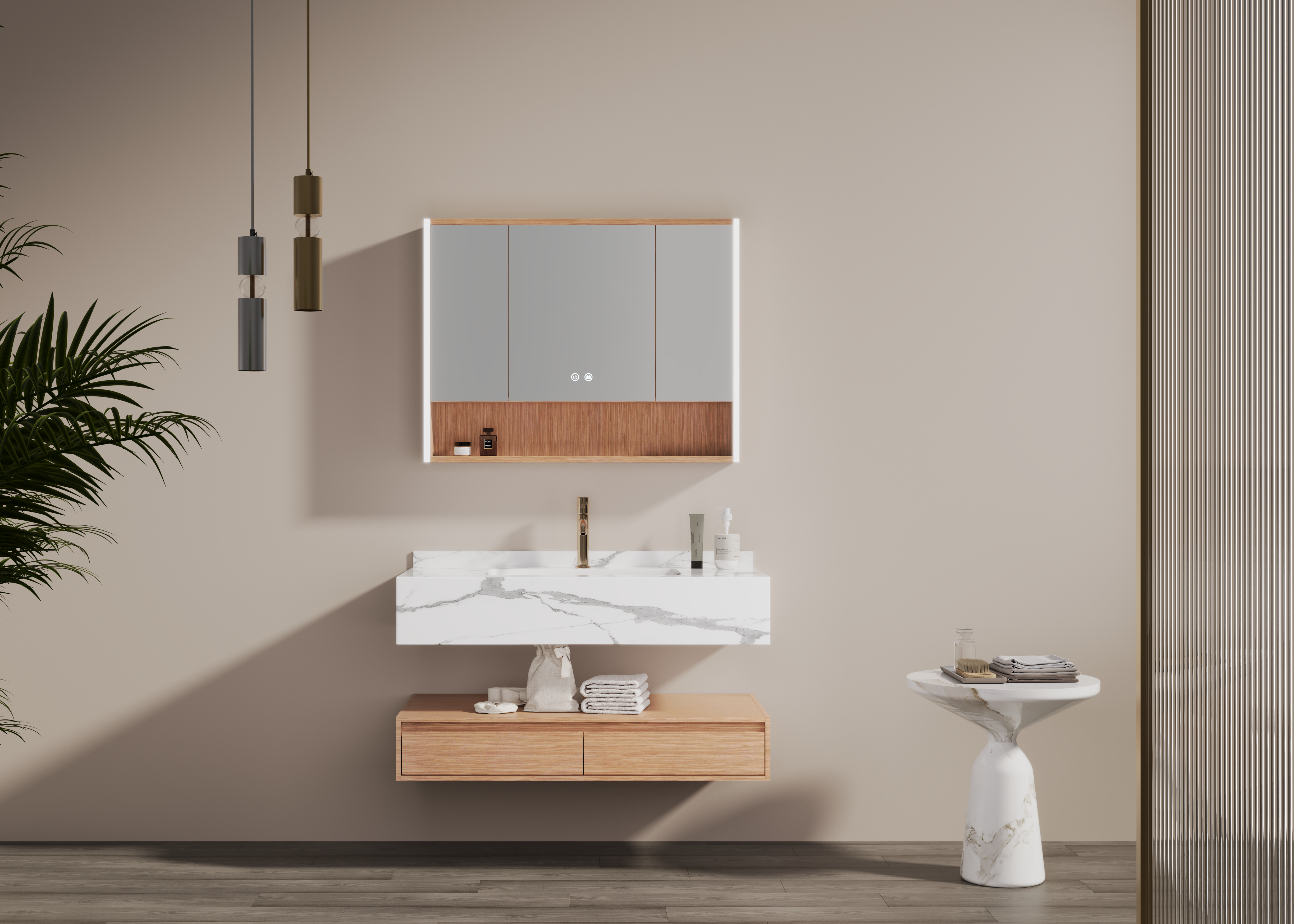 Light Wood - grain Modern Bathroom Cabinet with Marble Countertop for Commercial Hotel Projects