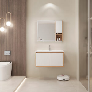 White And Light Wood - grain Modern Bathroom Cabinet for Commercial Hotel Projects