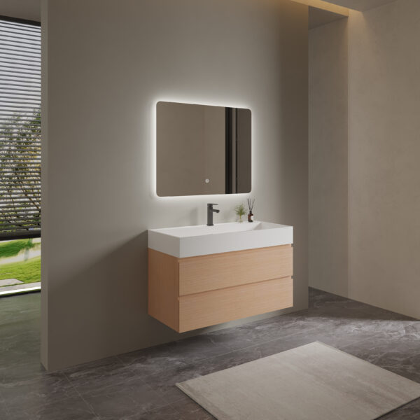 Light Wood - grain Modern Bathroom Cabinet with White Countertop for Commercial Hotel Projects - Image 5