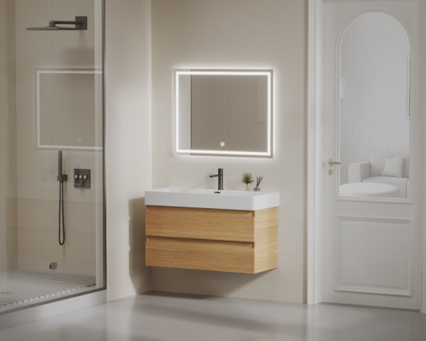 Light Wood - grain Modern Bathroom Cabinet with White Countertop for Commercial Hotel Projects - Image 3