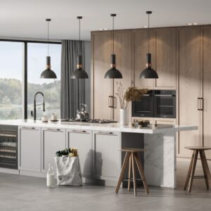 Sleek Blue Grey Kitchen Cabinets with Marble Accents