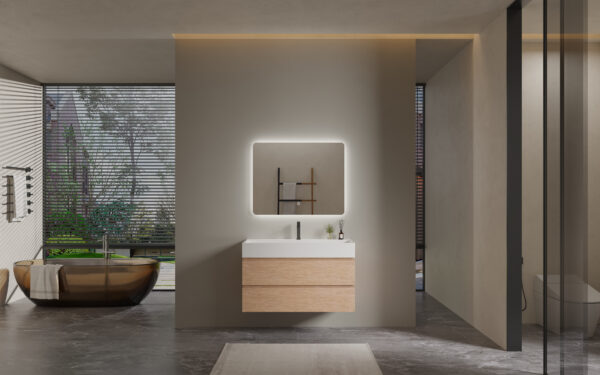 Light Wood - grain Modern Bathroom Cabinet with White Countertop for Commercial Hotel Projects - Image 3