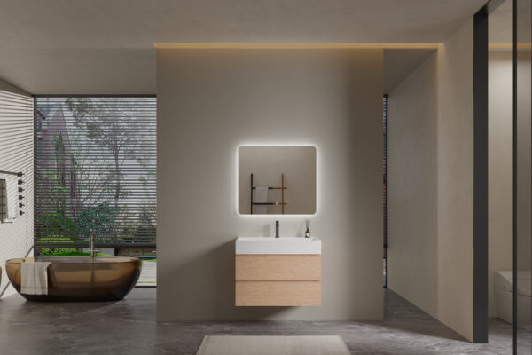 Light Wood - grain Modern Bathroom Cabinet with White Countertop for Commercial Hotel Projects