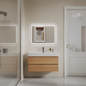 Light Wood - grain Modern Bathroom Cabinet with White Countertop for Commercial Hotel Projects