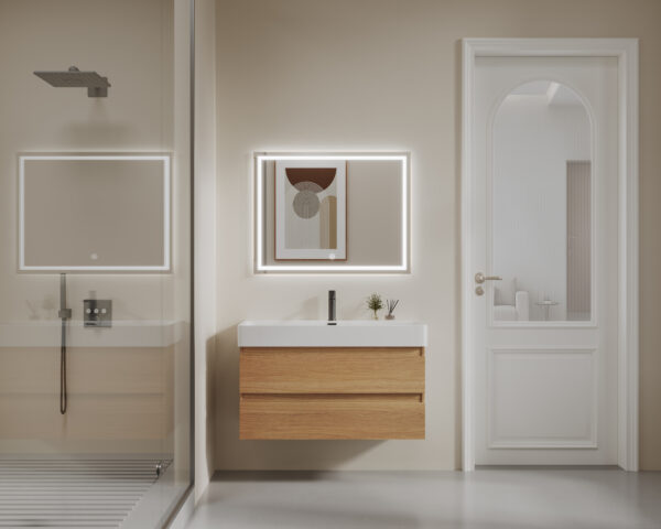 Light Wood - grain Modern Bathroom Cabinet with White Countertop for Commercial Hotel Projects