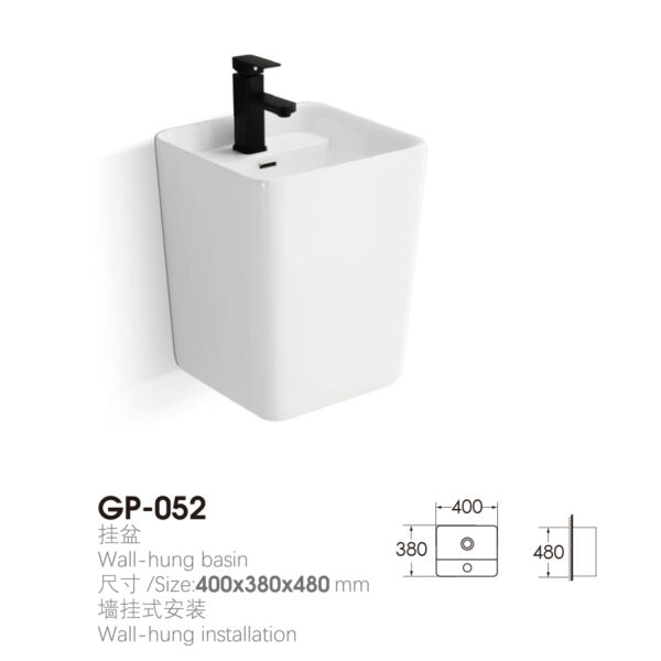 GP - 052 Square - shaped Wall - Hung Basin with Black Faucet | 400×380×480mm | Wall - Mounted Installation - Image 2