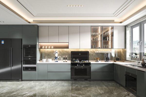 Black and Wood U-Shaped Two Tone Particle board Cabinets - Image 2