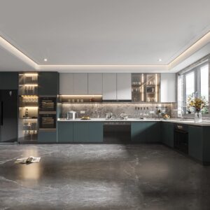 Black and Wood U-Shaped Two Tone Particle board Cabinets