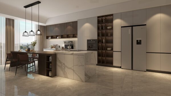 Lacquer Modern Light Gray Kitchen Cabinets With Island - Image 4