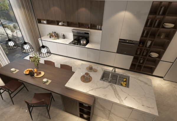 Lacquer Modern Light Gray Kitchen Cabinets With Island - Image 3