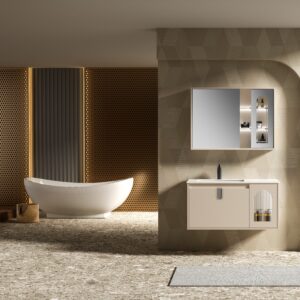 Beige Modern Bathroom Cabinet with Glass - door Design for Commercial Hotel Projects