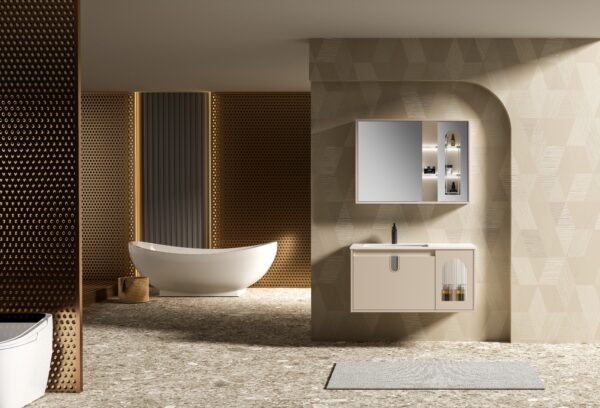 Beige Modern Bathroom Cabinet with Glass - door Design for Commercial Hotel Projects
