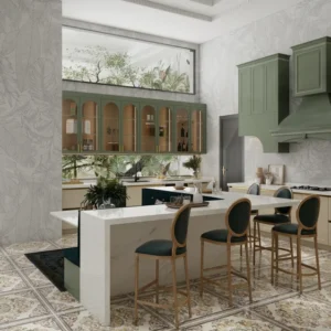 Elegant Green and Beige Kitchen by American Cabinet Refacing
