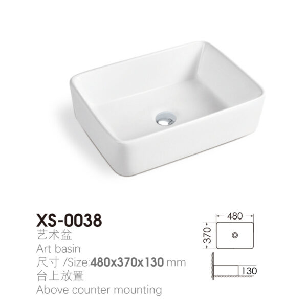 Rectangular 480x370x130mm Above Counter Wash Basin for Commercial Building Project XS-0038 - Image 2