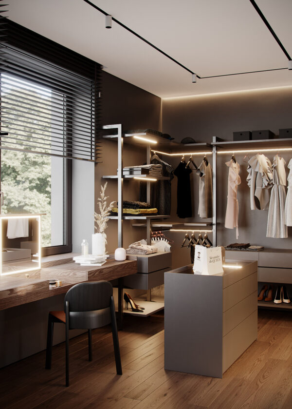 Contemporary Minimalist Closet with Floor-to-Ceiling Matte Cabinets and Hidden Lighting