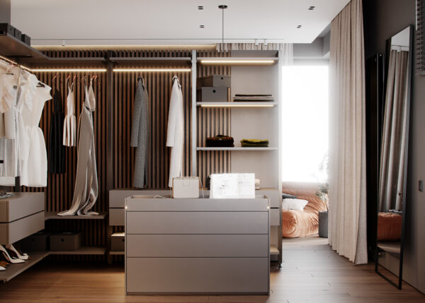 Contemporary Minimalist Closet with Floor-to-Ceiling Matte Cabinets and Hidden Lighting - Image 2