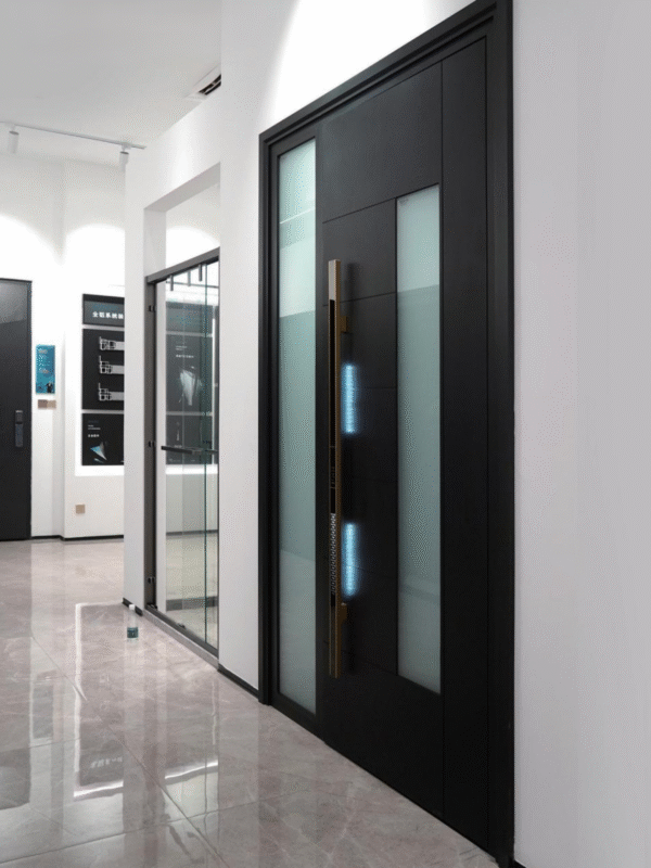 Modern Aluminum Thermal Armor Door with Frosted Glass & Illuminated Handle - Image 2