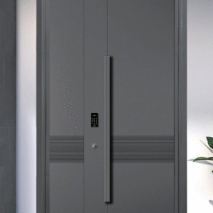 KSA Contractor’s Choice: Aluminum Armor Door with Vertical Lines & Digital Access for Saudi Compounds