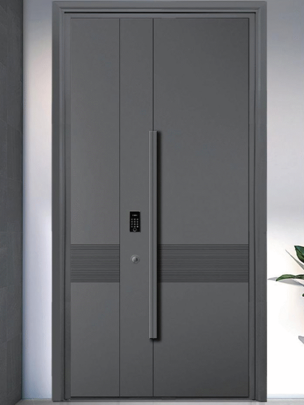 KSA Contractor’s Choice: Aluminum Armor Door with Vertical Lines & Digital Access for Saudi Compounds