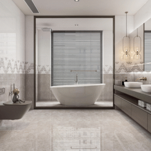 Elegant Ivory Marble-Effect Tile: Matte & Glossy Combo for Residential Entryway Floors