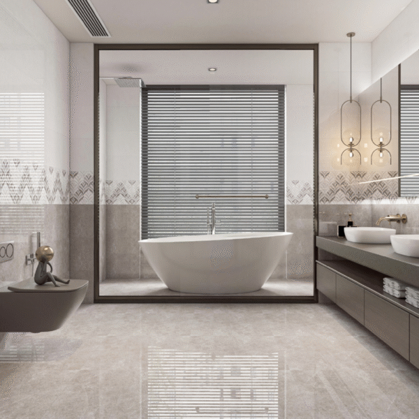 Elegant Ivory Marble-Effect Tile: Matte & Glossy Combo for Residential Entryway Floors