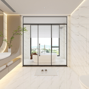 Sophisticated Brown Marble-Effect Tile: Glossy & Textured Combo for Hotel Lobby Floors