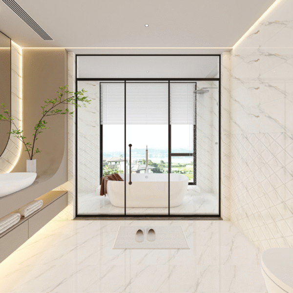 Sophisticated Brown Marble-Effect Tile: Glossy & Textured Combo for Hotel Lobby Floors