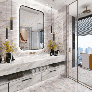 Chic White Marble-Effect Tile: Anti-Slip & Stylish for Commercial Kitchen Installations