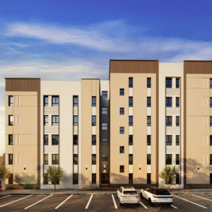 Arabic - Styled Exterior Wall Paint: Layered Beige Tones + Modern Geometry for Saudi Apartment Complexes