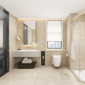 Elegant Grey Marble-Effect Tile: Durable & Aesthetic for Luxury Resort Bathrooms