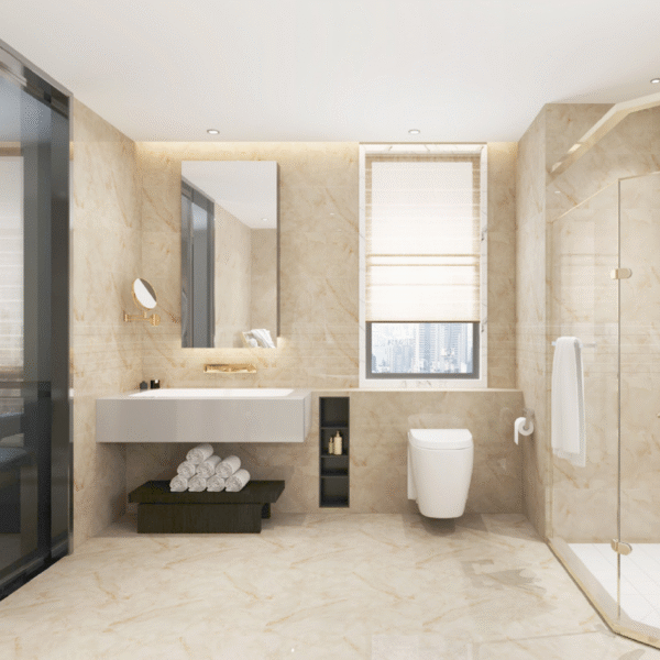 Elegant Grey Marble-Effect Tile: Durable & Aesthetic for Luxury Resort Bathrooms
