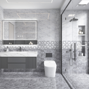 Elegant Beige Marble-Effect Tile: Anti-Slip & Stain-Resistant for Luxury Hotel Bathrooms