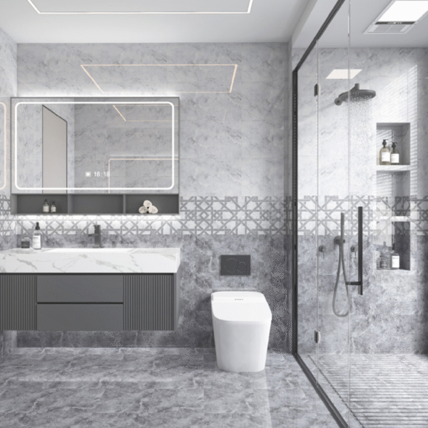 Elegant Beige Marble-Effect Tile: Anti-Slip & Stain-Resistant for Luxury Hotel Bathrooms