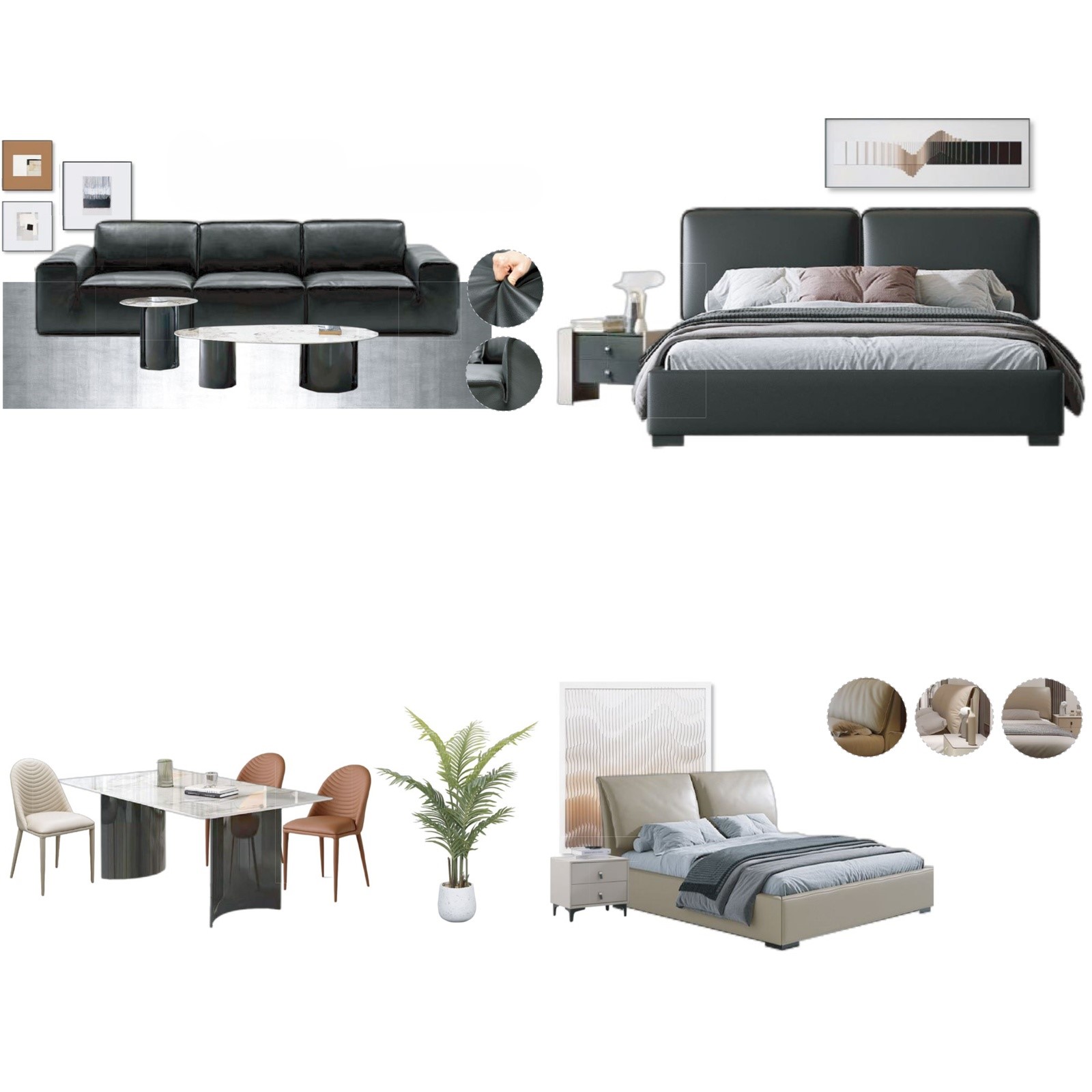 Dark Gray Beige Modern Home Furniture Suite Leather Sofa Beds Glass Dining Table (1)