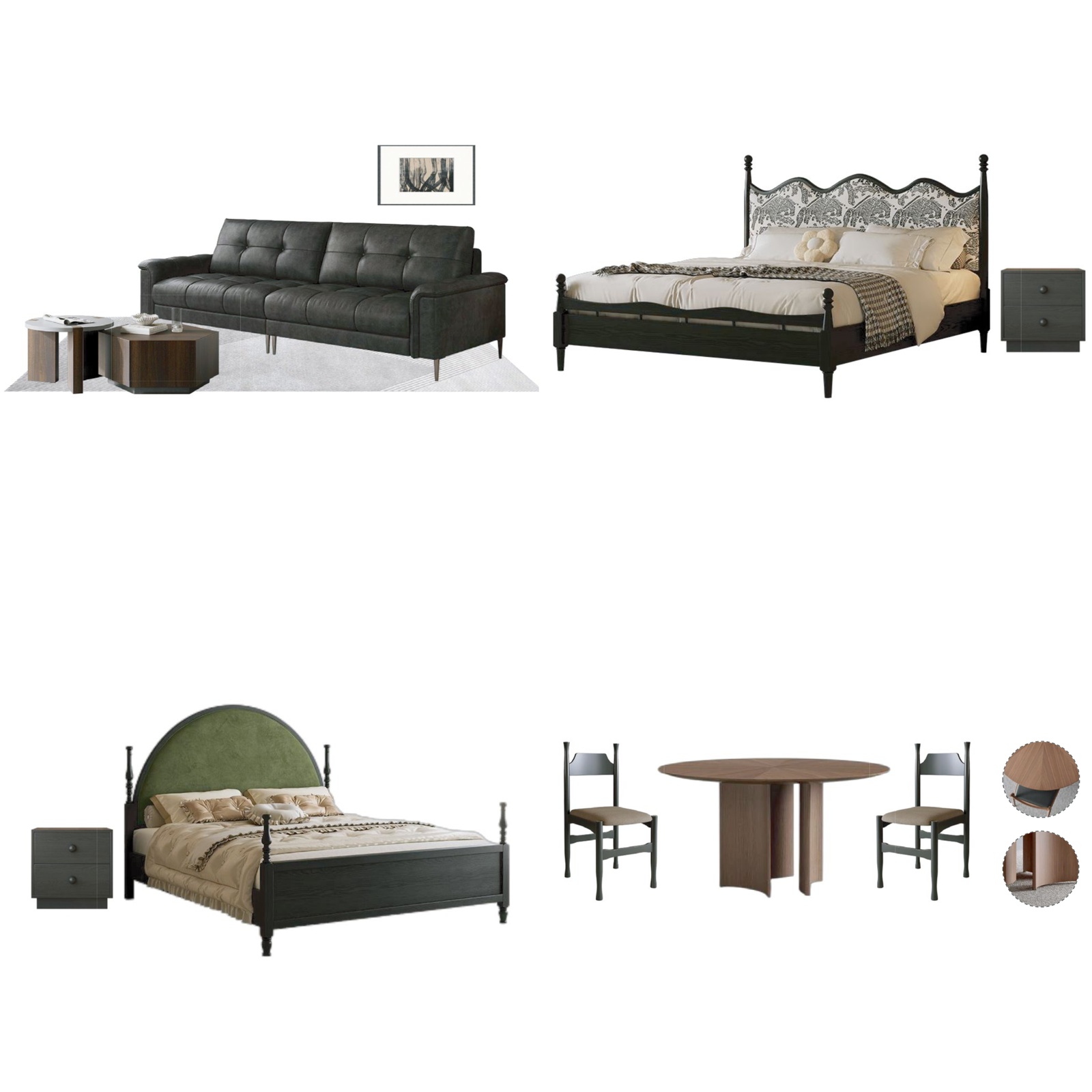 Dark Gray Black Wood Tone Home Furniture Suite Tufted Sofa Beds Dining Chairs (1)