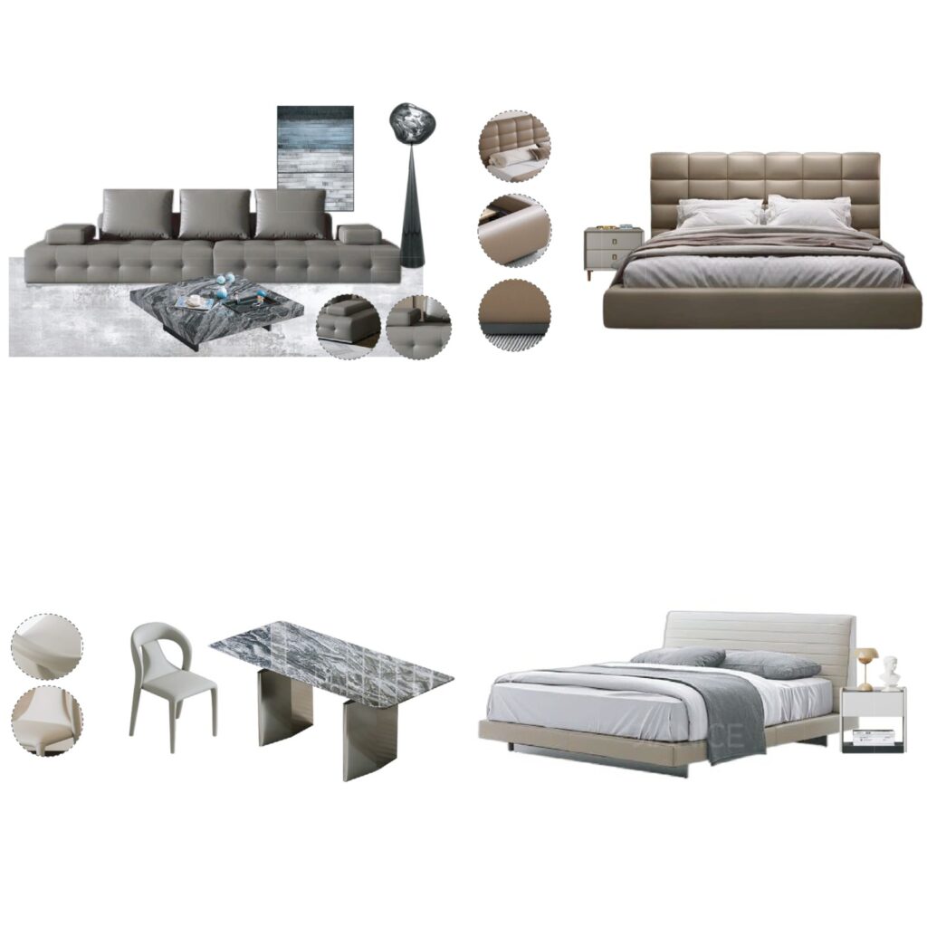 Gray Beige Modern Luxury Home Furniture Suite Tufted Sofa Beds Marble Dining Table (1)