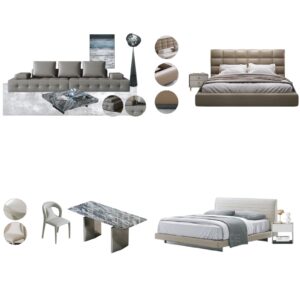 Gray Beige Modern Luxury Home Furniture Suite Tufted Sofa Beds Marble Dining Table (1)