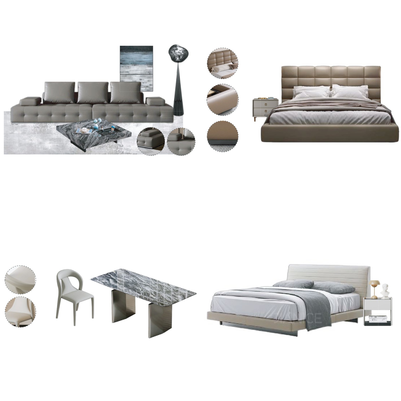 Gray Beige Modern Luxury Home Furniture Suite Tufted Sofa Beds Marble Dining Table (1)