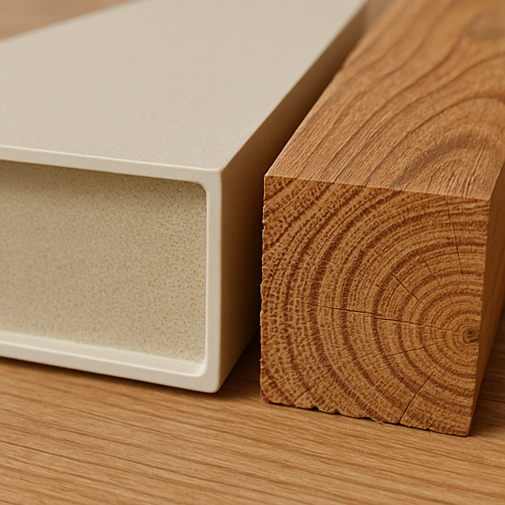 A Close Up Cross Section Of A Wpc Door Panel Showing The Dense, Uniform Internal Structure Compared To A Piece Of Grainy Natural Timber.