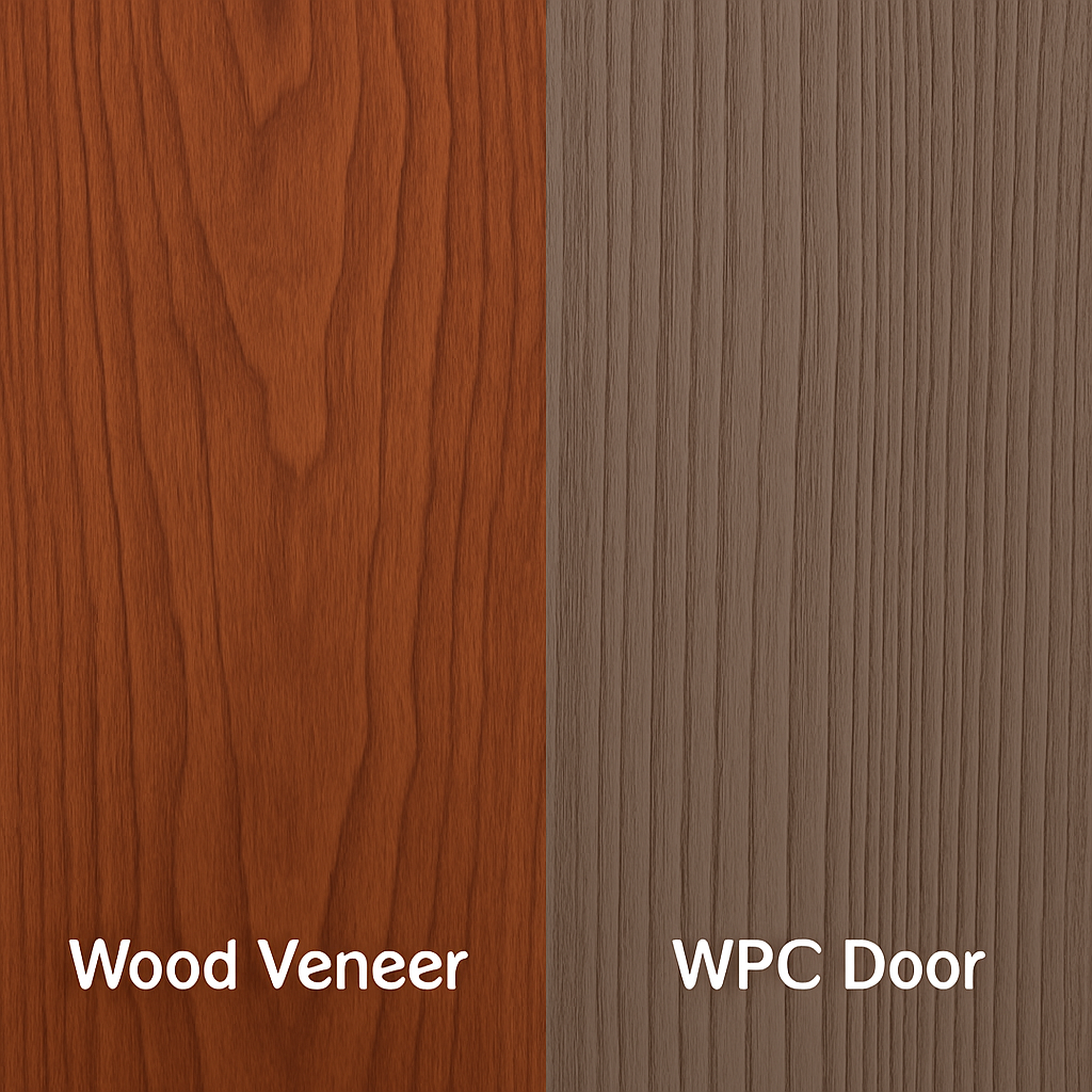 A Side By Side Comparison Of A High End Wood Veneer Finish And A Modern Wpc Door With A Wood Grain Texture