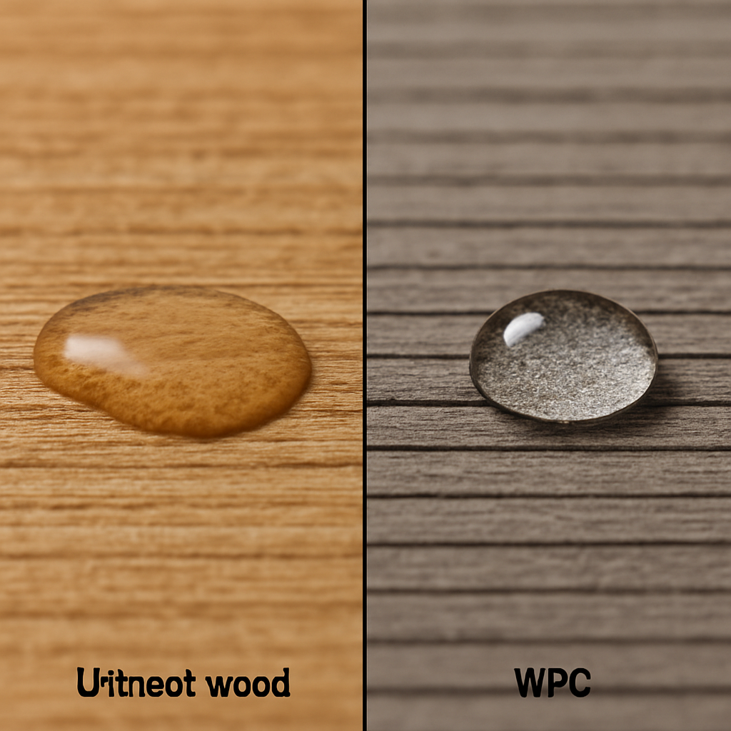 A Split Screen Visual Showing A Drop Of Water Being Absorbed Into Wood On The Left And Beading Up On A Wpc Surface On The Right.