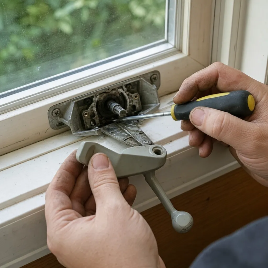 Close Up Of A Homeowner Fixing A Stuck Casement Window Crank Mechanism