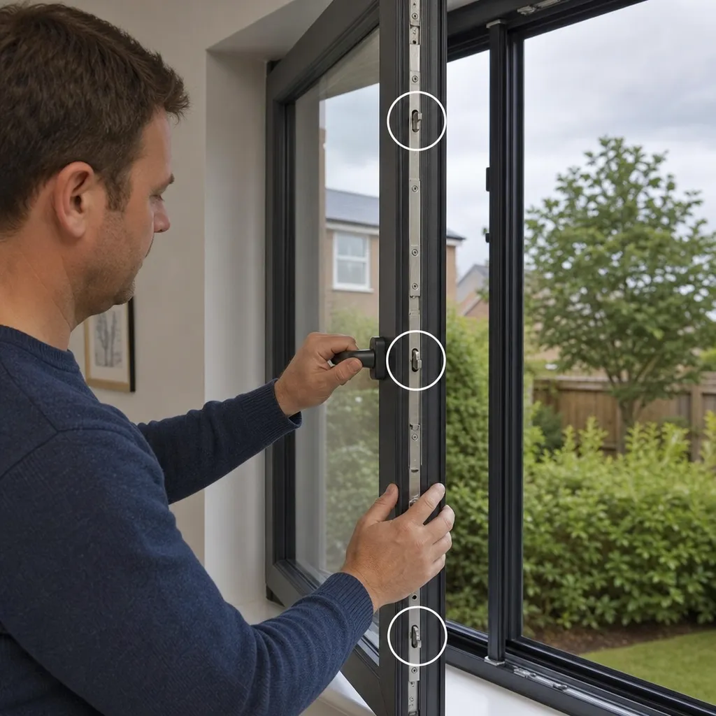 Homeowner Locking A Modern Casement Window With A Multi Point Locking System