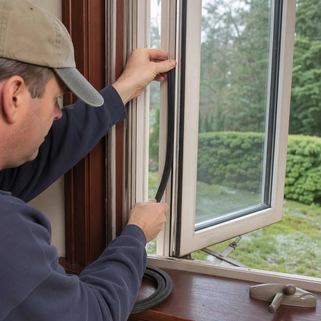 Person Replacing Worn Out Weatherstripping On A Casement Window Frame